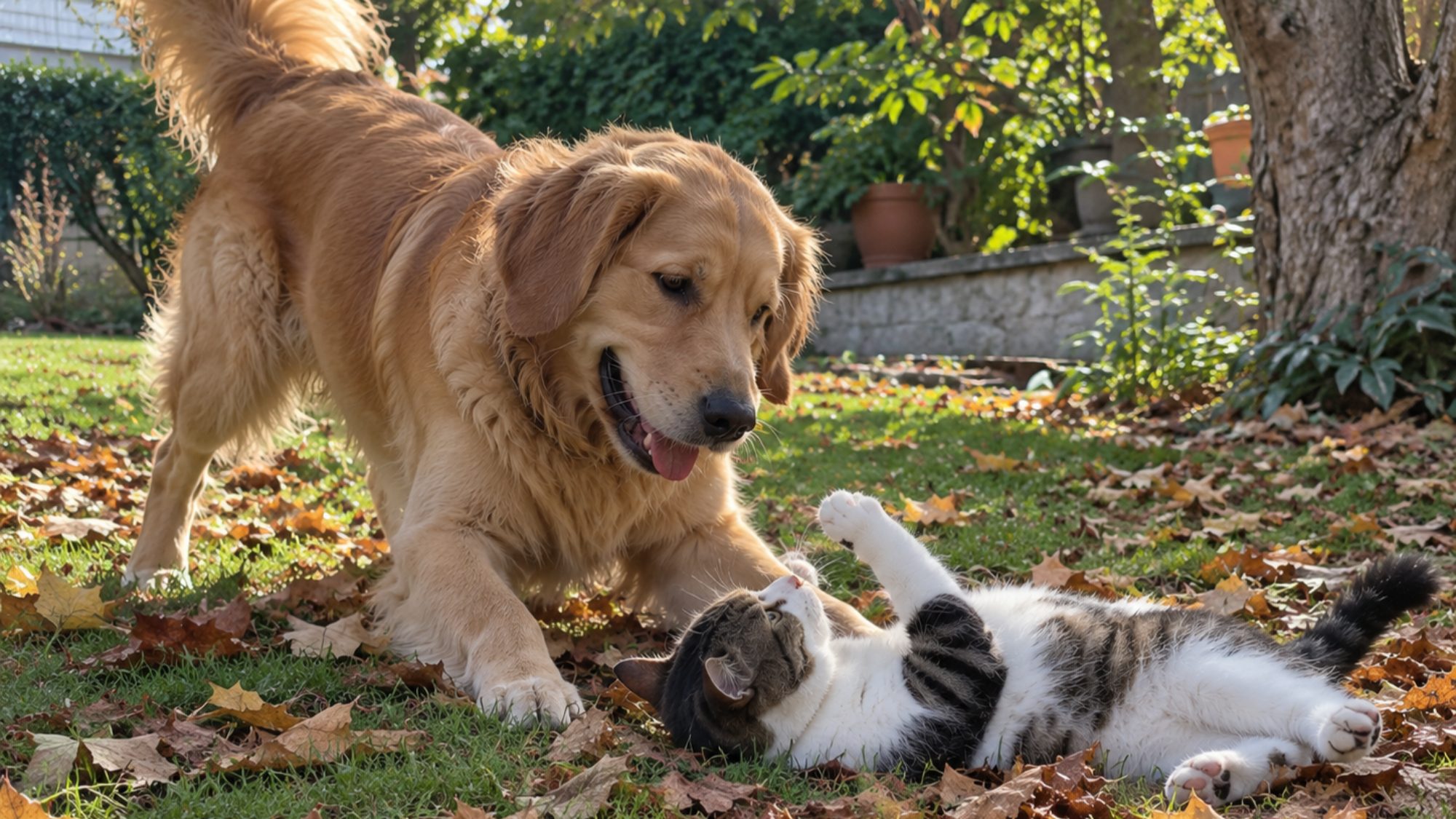 Cão e gato a brincar juntos num jardim com folhas caídas