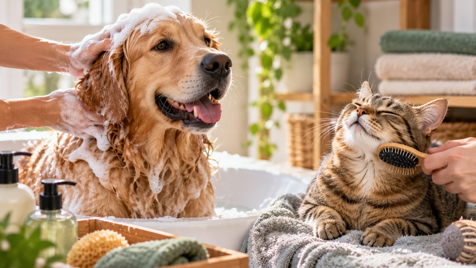 Um cão e um gato sendo escovados por um tutor, com produtos de higiene ao redor