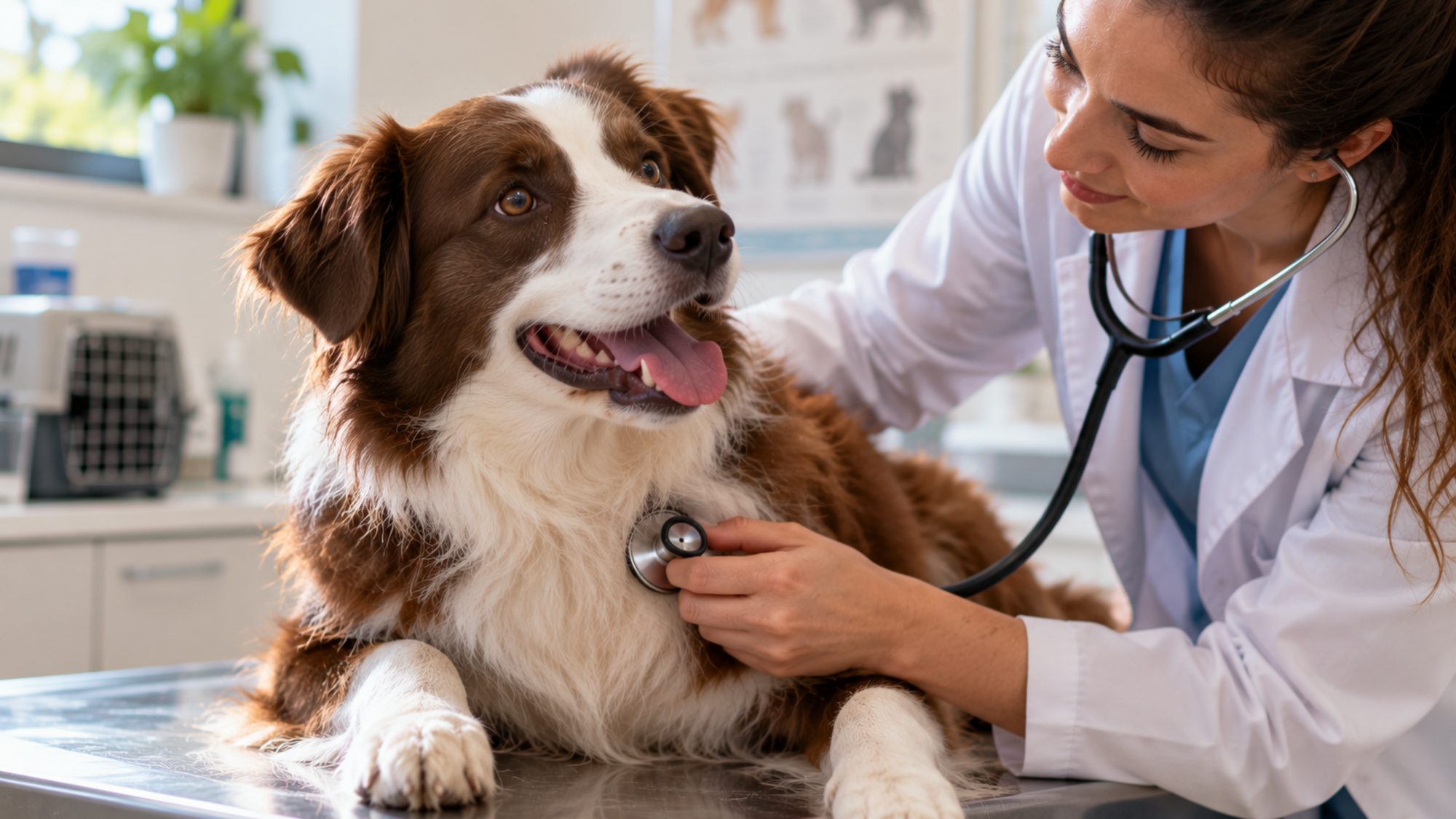 Um veterinário a examinar um cão, com um gato a observar ao lado